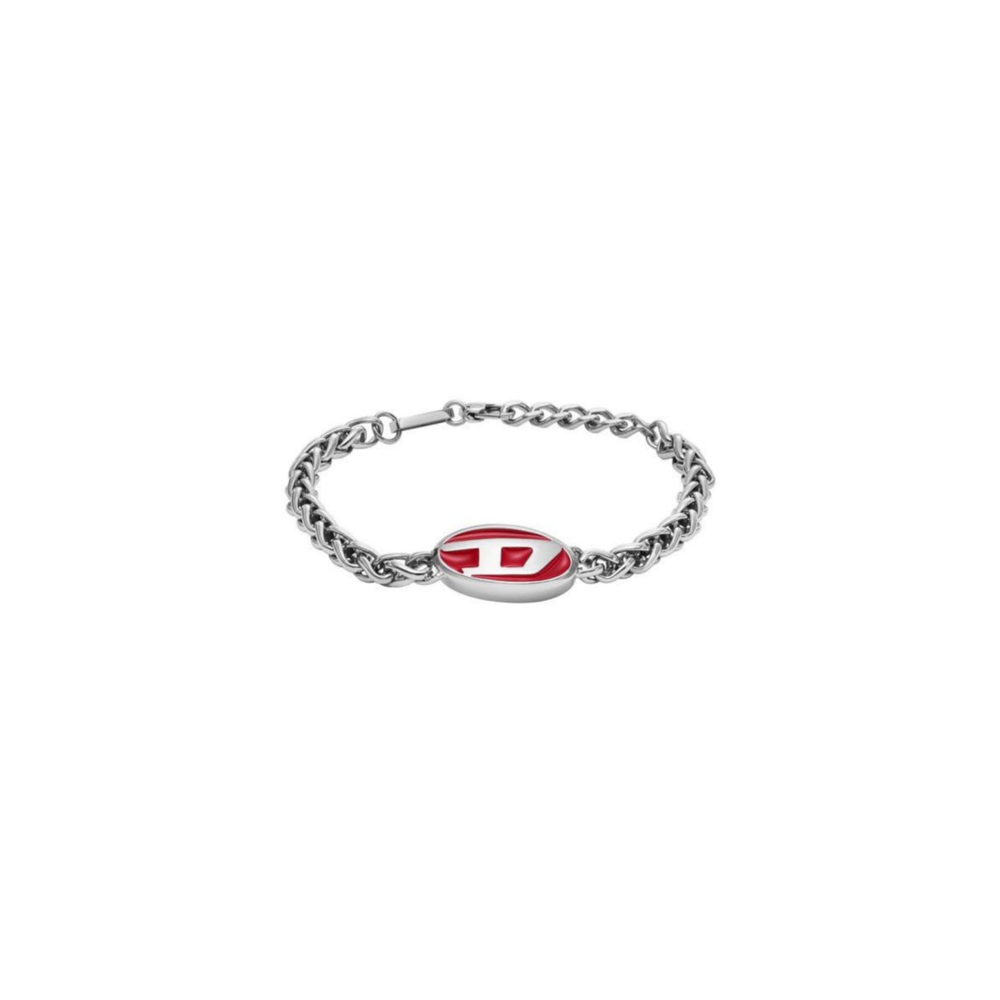 Diesel Silver Chain Bracelet with Red Logo Detail